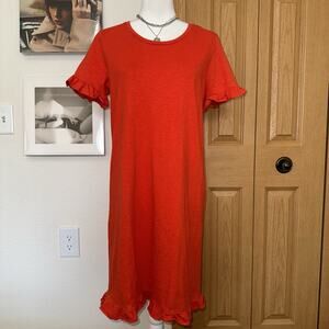 Boden Sheath Dress Women’s 10R Red Cotton Knit Short Sleeve Ruffle Hem Poppy